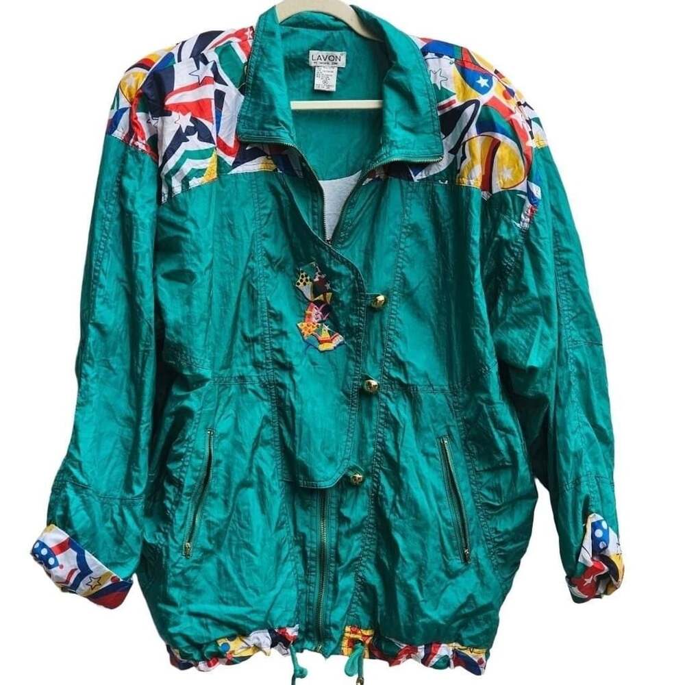 “Vintage 90s Lavon Teal Windbreaker Jacket M Colorblock Abstract Embroidered
